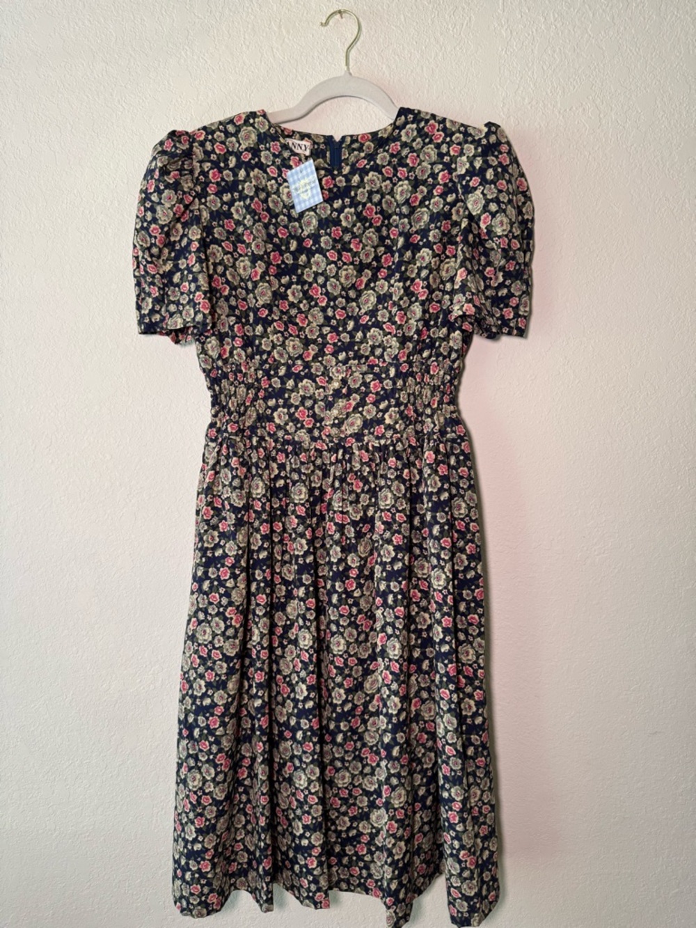 Vintage Floral Puff-Sleeve Midi Dress in Navy with Pink & Cream Flowers